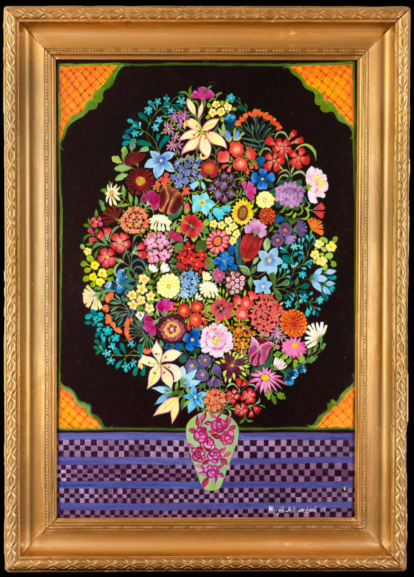 "Purple Flowers" Oil Painting by Hepzibah Swinford. Colourful Flowers depicted on Purple Table and Yellow/Black background. Represented by Rebecca Hossack Gallery.