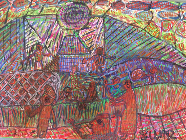 Uddin’s paintings – done in gouache on paper – shimmer with expressive colour. Their characteristic short, dynamic brushstrokes impart a compelling energy to each scene
