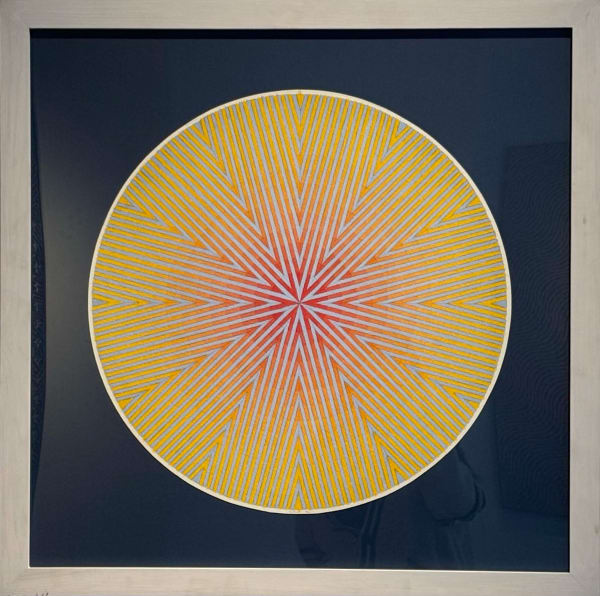 Bright red and yellow circular abstract oil on canvas by British artist David Whitaker, showcasing dynamic geometric forms and expressive texture.