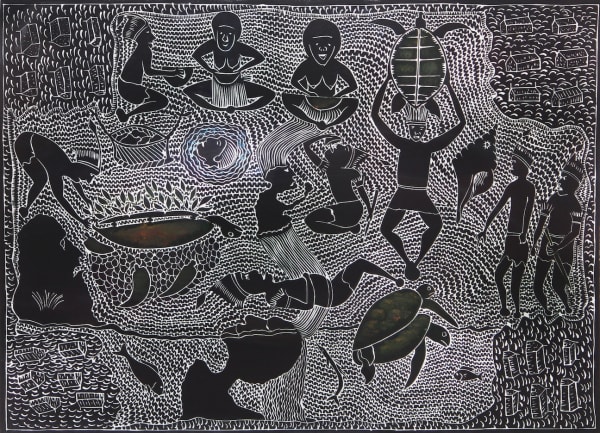 Victor Motlop, coloured linocut, Torres Strait Islands, Aboriginal artwork and artist.