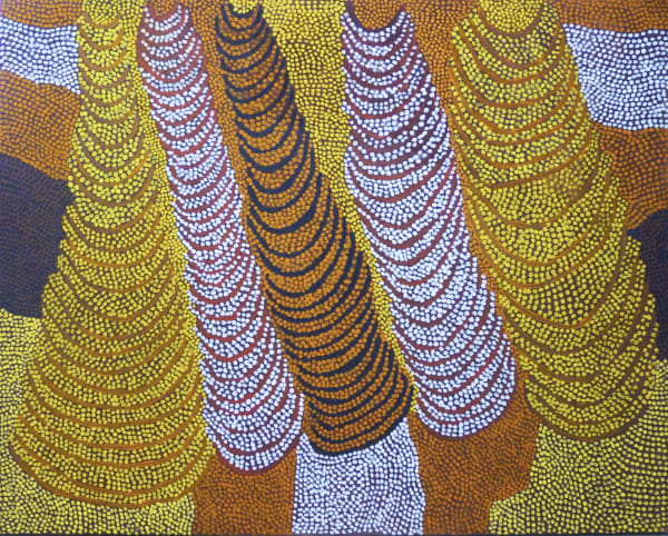 A painting of wave patterns by Aboriginal-Australian artist Ngarralja Tommy May entitled Walpapukal - Wind