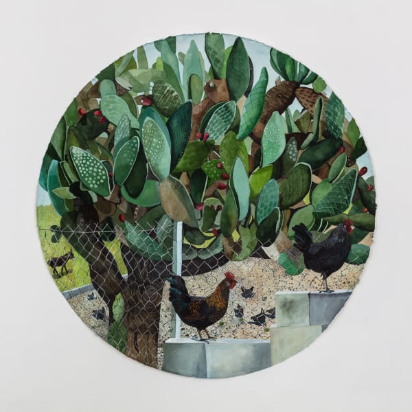 Watercolor and gouache of a chicken on a step in front of a tree with green leaves by British-Cypriot artist Sophie Charalambous inspired by the fauna and flora of the island of Cyprus.