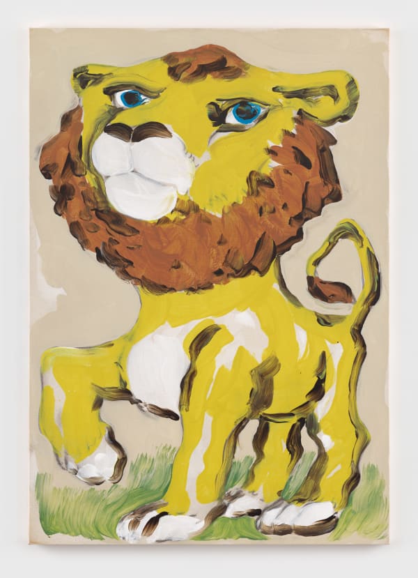 A contemporary art painting of a yellow lion with a red mane with one foot up by David Surman. The artists uses animal imagery to express courage in the painting.