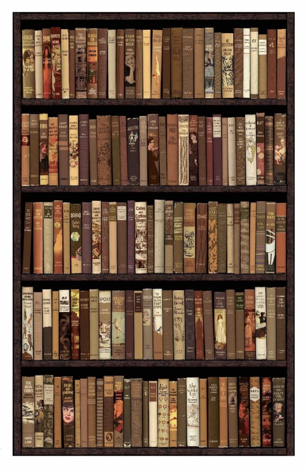 Conceptual bookshelf print by acclaimed British artist Phil Shaw represented by Rebecca Hossack Art Gallery, archival print, contemporary art, 2025, London,