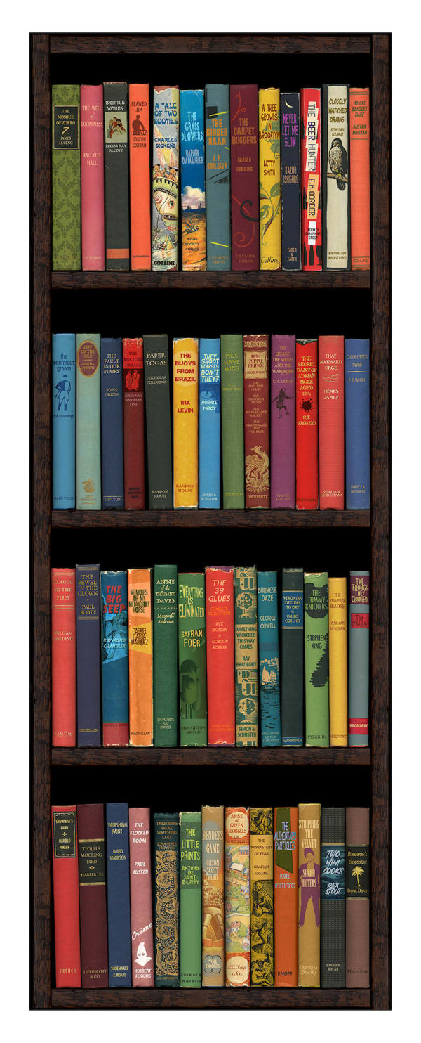 Bookshelf print by artist Phil Shaw represented by Rebecca Hossack Gallery