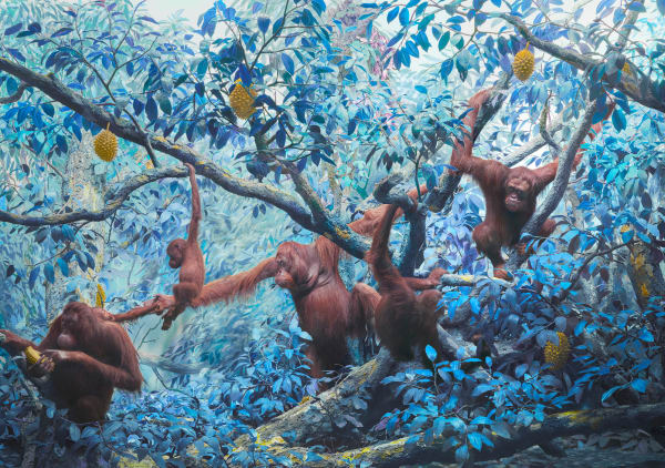 Photographic print of group of orangutans in a blue forest with yellow detail by nature artist and photographer Jim Naughten represented by Rebecca Hossack Art Gallery.