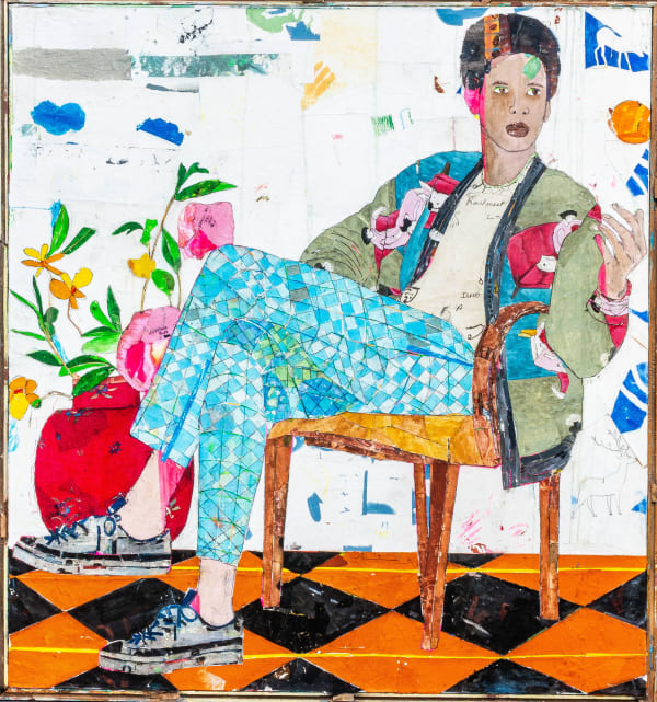 Mersuka Dopazo, fabric, handmade paper, pigments and oil on canvas, Rebecca Hossack Art Gallery London, 2025, contemporary figurative art