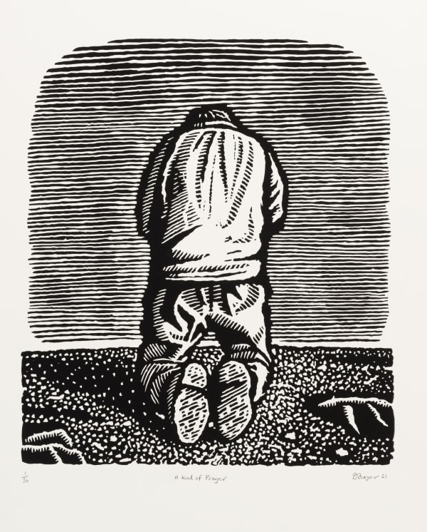Black and white wooden linocut of a man kneeling down and praying in a field by Australian printmaker David Frazer inspired by the lyrics of "Love Letter" by Australian musician Nick Cave.