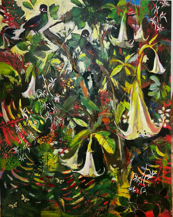 Sophie Walbeoffe, Torocco's and Moonflowers in Nairobi Garden, 2024