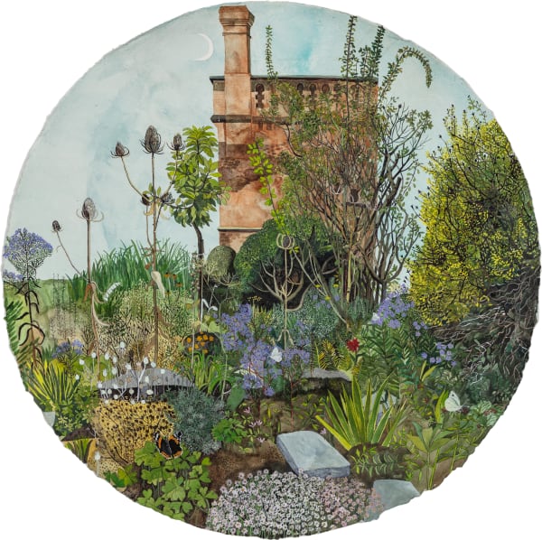 Watercolour painting of a tower with the moon in the background and various flora and fauna by British-Cypriot artist Sophie Charalambous.