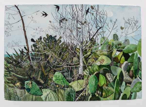 Watercolor and gouache painting of trees and flora and birds by British-Cypriot artist Sophie Charalambous inspired by the fauna and nature on the island of Cyprus.