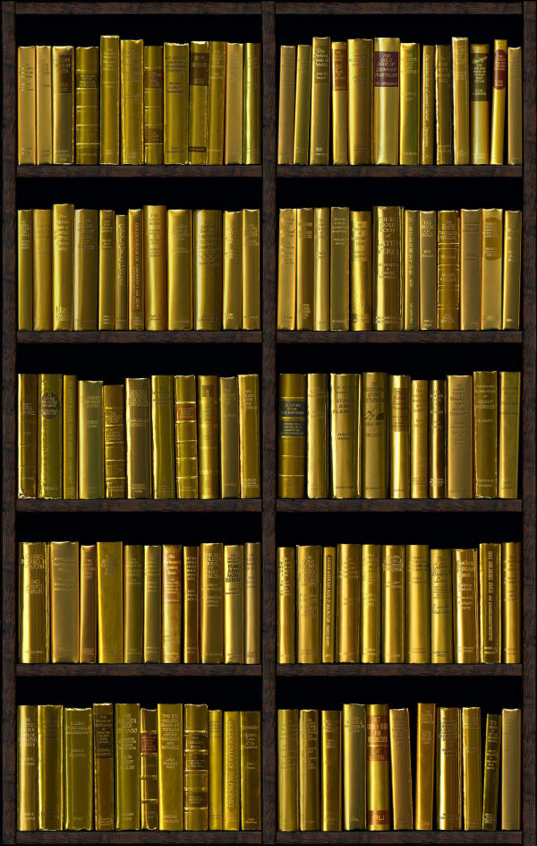 Bookshelf print containing gold book covers with the word gold in the various titles by acclaimed British artist Phil Shaw represented by Rebecca Hossack Art Gallery.