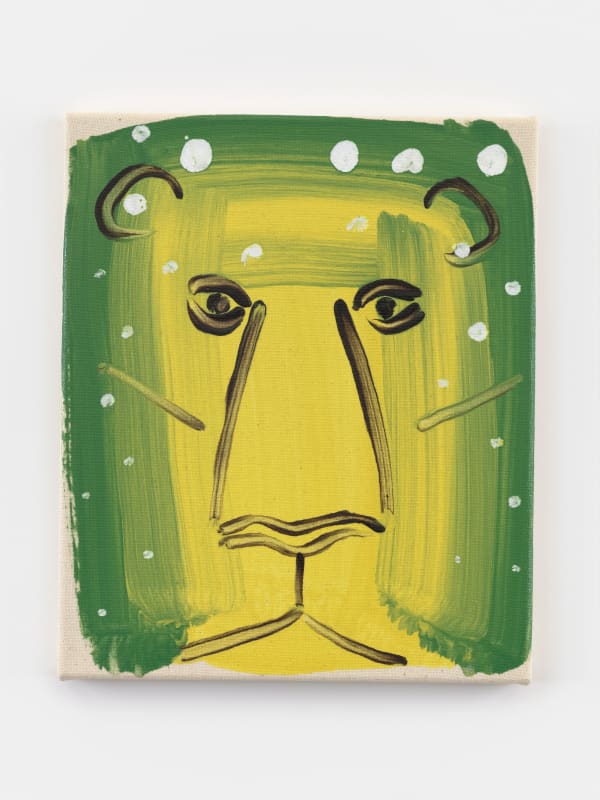 An abstract painting of a green and yellow lion with white spots by British artists David Surman.