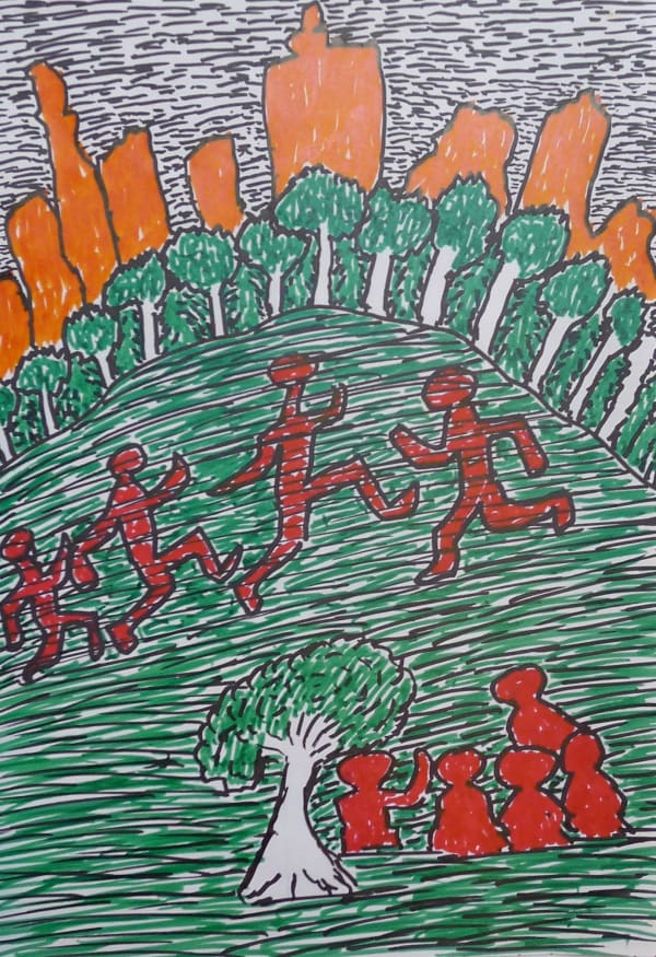 Jimmy Pike, London skycape, seen from Hampstead Heath. Jimmy, Pat and friends are in the foreground, watching children playing. (NFS)