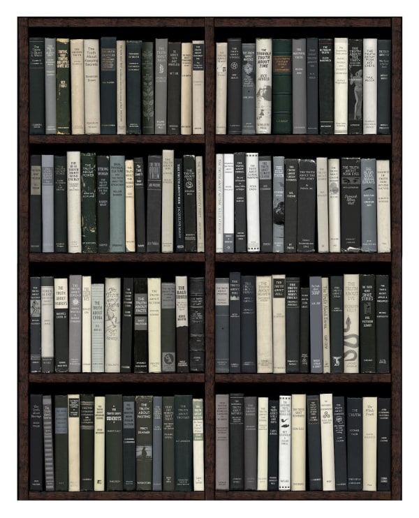 Bookshelf print by printmaker Phil Shaw represented by Rebecca Hossack Art Gallery featuring various black and white books with titles all containing the word truth.