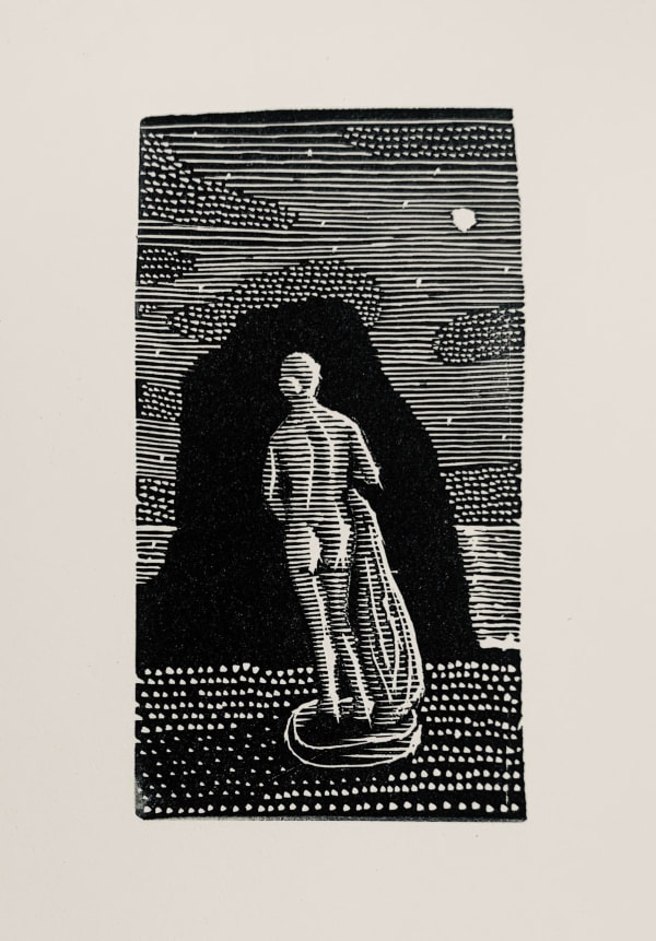 Black and white wood engraving of a statue-like figure looking at the sky by Australian artist David Frazer inspired by the lyrics of singer and actress Marianne Faithfull.