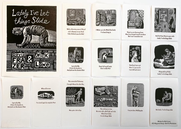 Small black and white linocuts and wood engravings in broadsheet style by Australian artist David Frazer inspired by the lyrics of English musician Nick Lowe.