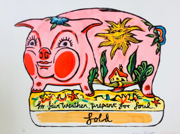 Screen printed woodcut featuring a pink pig with pop art elements by British artist Andrew Mockett.