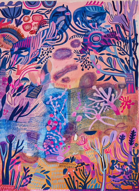 Ashley Amery London based visual artist botanical bright colourful illustration in guache ion paper in series "the end of all our exploring"