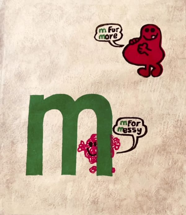 Green pop art print of the letter m featuring two Mr. Men cartoon character by British artist Andrew Mockett represented by Rebecca Hossack Art Gallery.