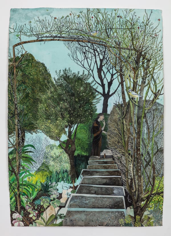 Watercolour painting of steps surrounded by green flora and fauna with a man at the top by British-Cypriot artist Sophie Charalambous.