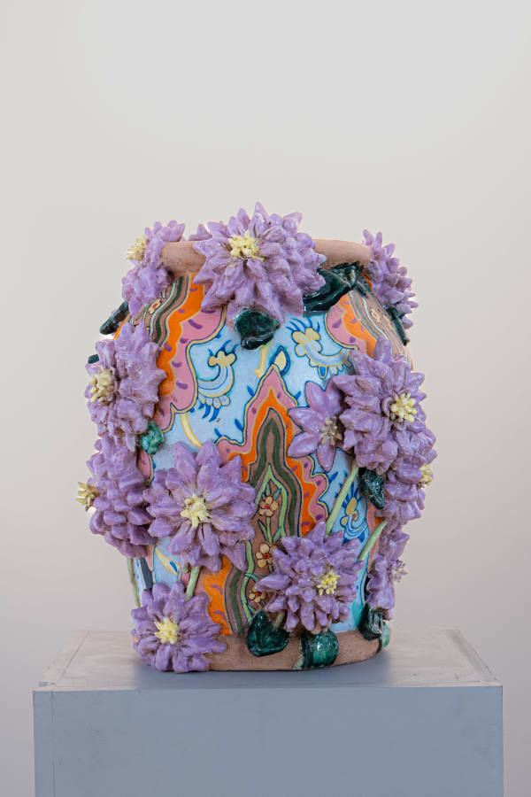 Dutch artist Fons van Laar orange and blue vase adorned with purple and yellow flowers glazed ceramic of Dahlias 1