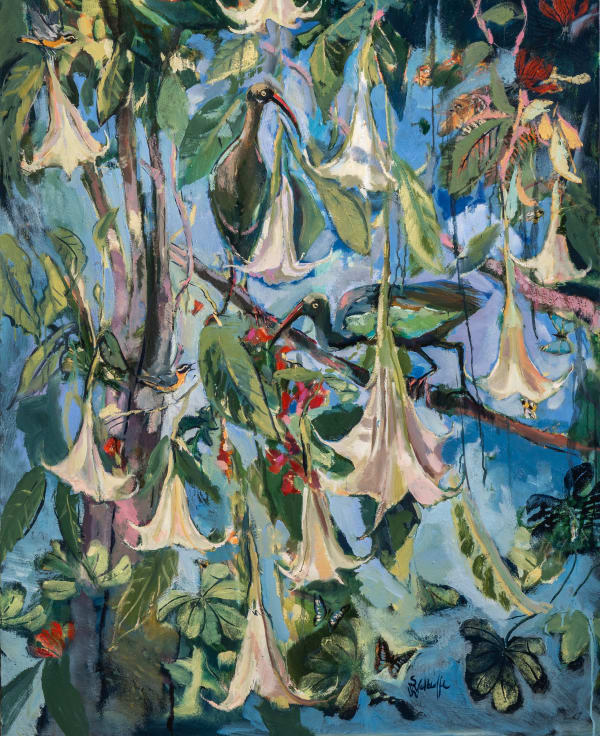 Sophie Walbeoffe, Moon Flowers Ibis and the White Browed Robin Chats, 2022