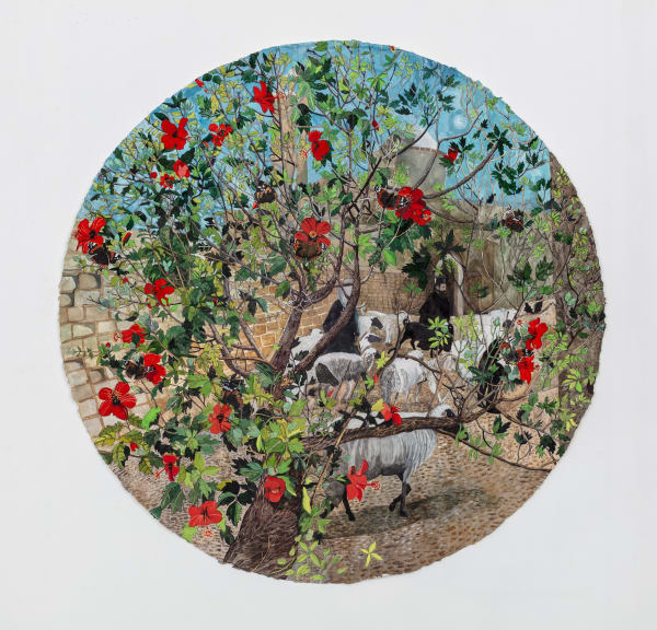 Watercolour painting of a hibiscus tree with red flowers surrounded by sheep and goats by British-Cypriot artist Sophie Charalambous.