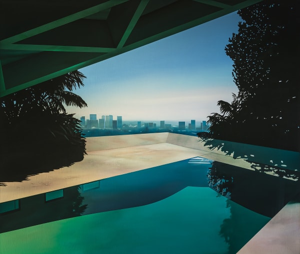 Painting of a backyard of a modernist house with a pool overlooking a city skyline in the daytime by British artist Laurence Jones.