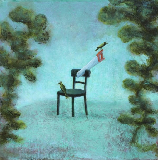 Chair, Saw, Birds, Trees on blue. "Saw" acrylic painting by Alasdair Wallace. Represented by Rebecca Hossack Gallery.