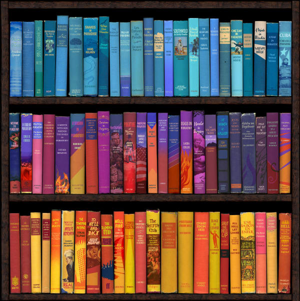 Conceptual colorful bookshelf print based off of The Divine Comedy by Dante by acclaimed British artist Phil Shaw.