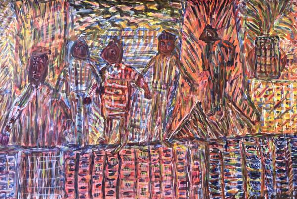 Uddin’s paintings – done in gouache on paper – shimmer with expressive colour. Their characteristic short, dynamic brushstrokes impart a compelling energy to each scene