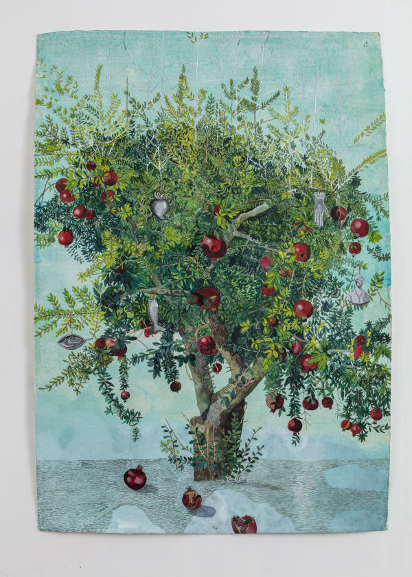 Watercolour and gouache painting of a pomegranate tree with green leaves and red fruit by British-Cypriot artist Sophie Charalambous represented by Rebecca Hossack Art Gallery.