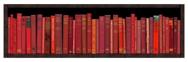 Red bookshelf print featuring the names of stations on the Central Line of the London Underground by acclaimed British artist Phil Shaw represented by Rebecca Hossack Art Gallery.