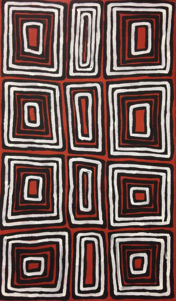 Aboriginal-Australian artist Ronnie Tjampitjinpa white and black squares on a red background, synthetic polymer paint on canvas of Untitled