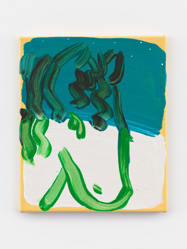An abstract painting of a green horse on a blue and white background by contemporary artist David Surman.