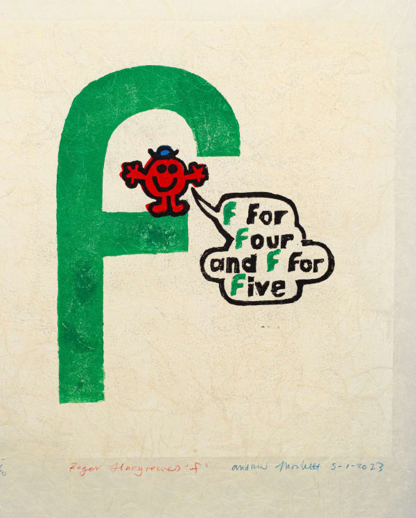 Green pop art print of the letter F featuring a Mr. Men cartoon character by British artist Andrew Mockett represented by Rebecca Hossack Art Gallery.