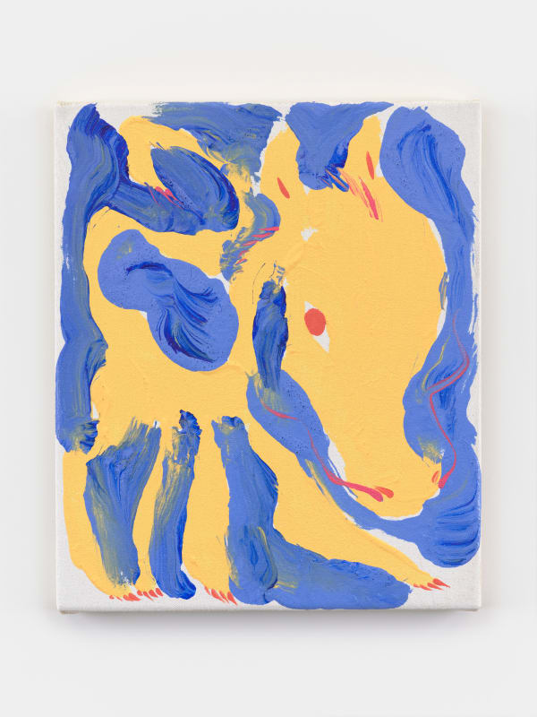 A blue and yellow abstract painting of a pony by contemporary artists David Surman.
