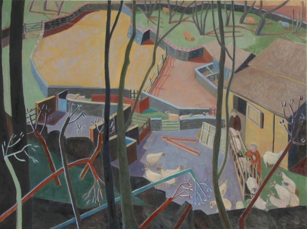 British artist Louise Sturgis a farm with a chicken pen oil on canvas of Hartrigg II