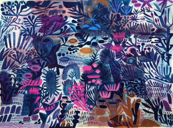 Ashley Amery London based visual artist botanical bright colourful illustration in guache ion paper in series "the end of all our exploring"