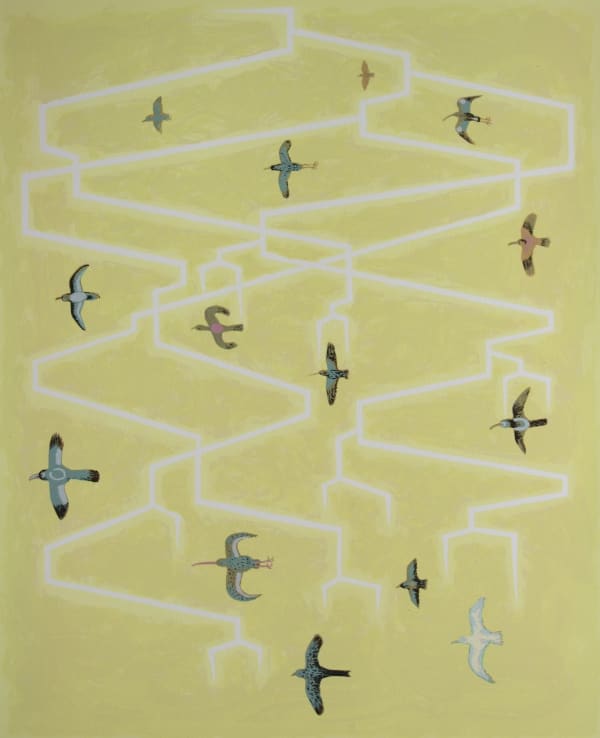 "Flock" - Flock of birds on yellow background screenprint acrylic painting by Alasdair Wallace. Represented by Rebecca Hossack Gallery.