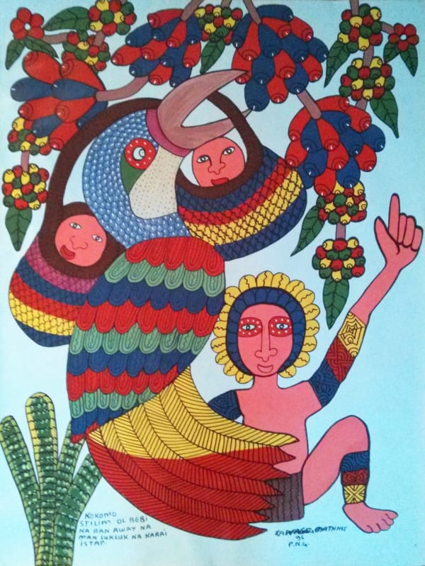 Mathias Kauage, Kokomo Stealing Berries and Flies Away. The Man Looks and Cries Stop, 1996