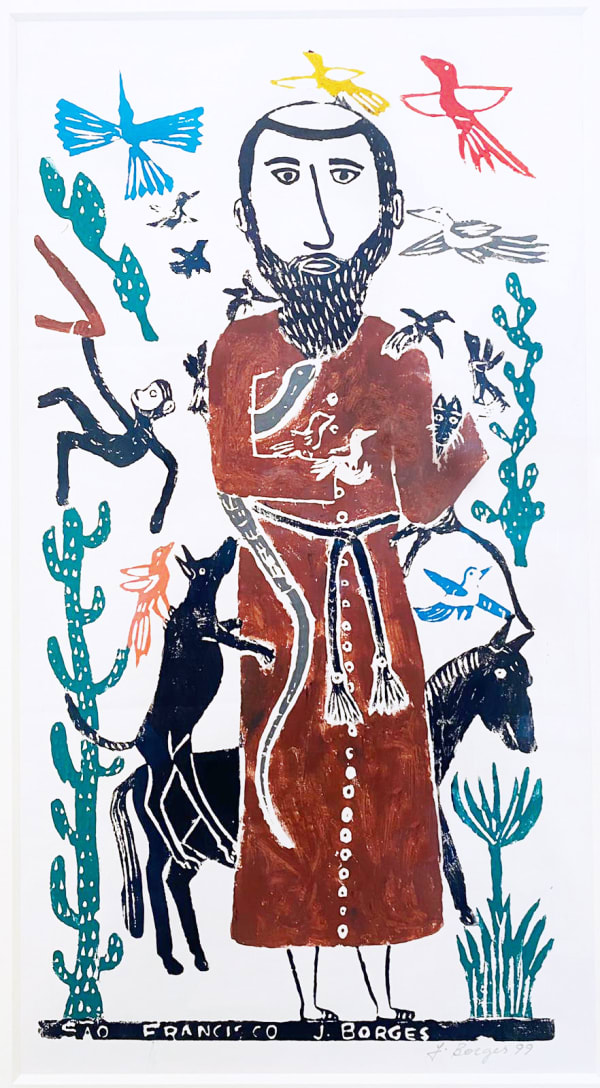 Saint Francisco with wildlife - coloured woodcut on paper by José Borges, represented by Rebecca Hossack Gallery.