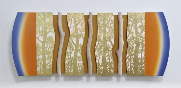 Peter Usher Domain, 2025 Acrylic, oil, gild and natural timber on board 39 x 96 cm 15 3/8 x 37 3/4 in