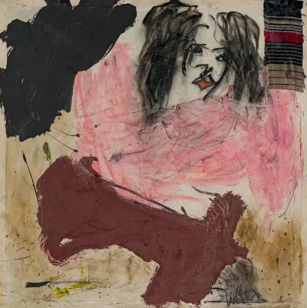 Josiah C Josiah Shades of Her Red, 2024 Charcoal, Chalk, ACrylic, Aso Oke Fabric, Earth, Raindrops on Canvas 104 x 104 cm