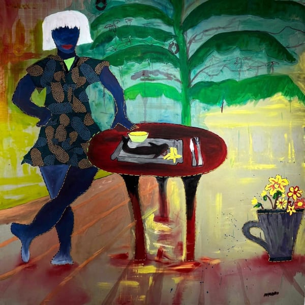 Progress Nyandoro Tafura, 2024 Acrylic paint, fabric, wool 59 3/50 x 59 3/50 in 150 x 150 cm