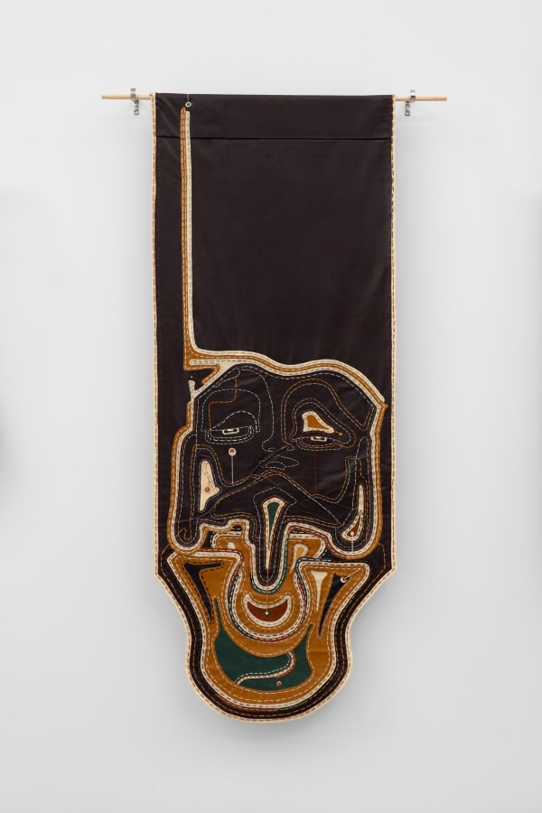 Elfreda Fakoya Earthly Echoes, 2024 Leather, cotton, PVC 74x28.5 in. 188x72 cm.