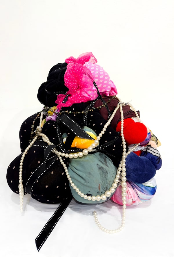 Shinique Smith Small Deity ll, 2025 clothing fabric ribbon and faux pearls 20 x 20 x 16 in