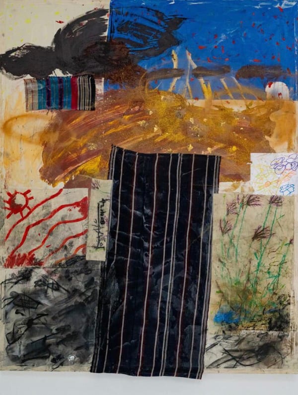 Josiah C Josiah Red Sun, Orange Moon, 2024 Spray Paint, Aso Oke, Wool, Acrylic, Earth, Paper and Charcoal on Canvas 59 21/25 x 48 43/100 in 152 x 123 cm