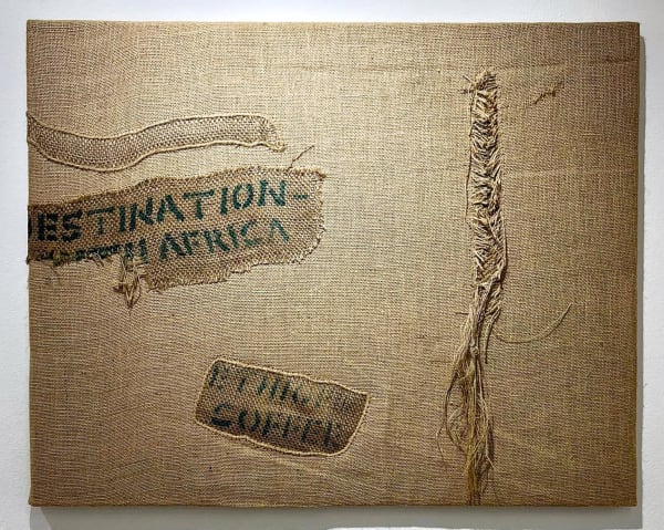 Tshepo Sizwe Phokojoe So where to?, 2024 Hessian cloth and thread 35 43/100 x 27 14/25 in 90 x 70 cm